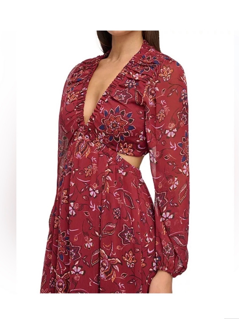 Guess Burgundy Floral Cutout Long Sleeve Maxi Dress